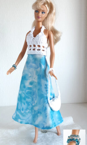 Zomerjurk blauw met wit voor barbiepoppen