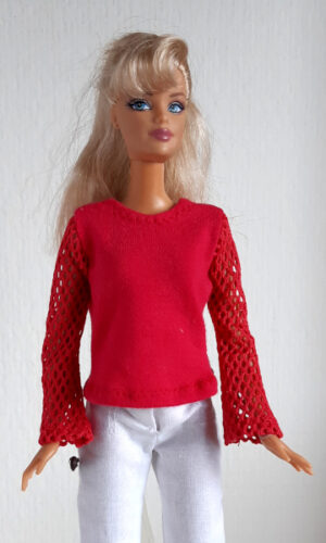 Rood shirt met lange opengewerkte mouwen voor modepopje van 29 cm