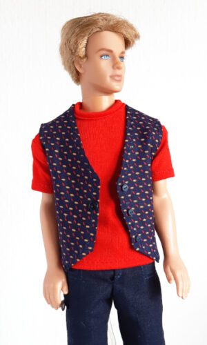 Poppengilet blauw, rood, geel voor modepoppen van 30 cm