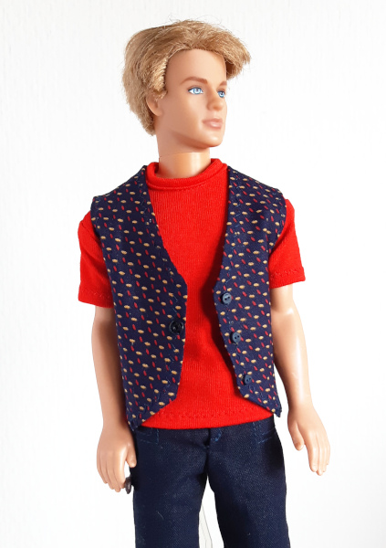 Poppengilet blauw, rood, geel voor modepoppen van 30 cm