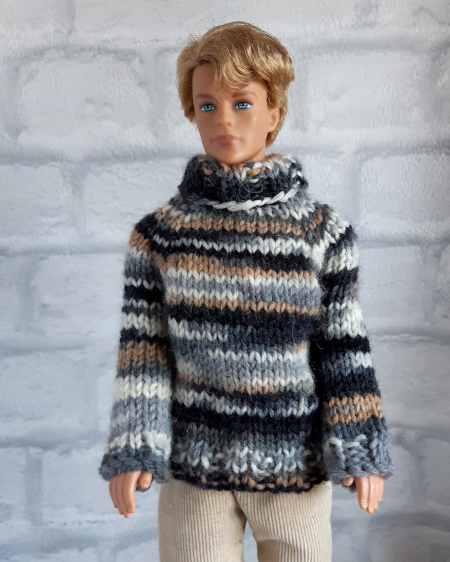 Handgebreide trui, zwart, grijs, bruin, crème voor modepop, zoals Ken