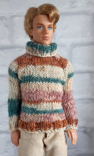 handgebreide trui, beige groen bruin voor modepop, zoals Ken