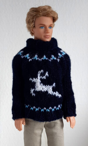 Handgebreide trui blauw met hert voor mannelijke modepop van 30 cm