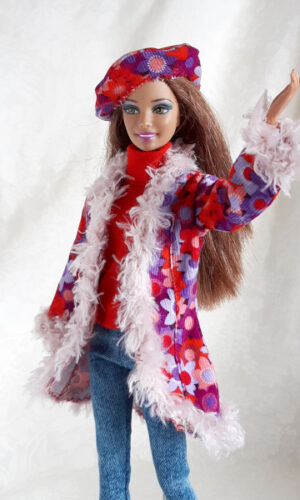 Coat and beret with flowers and fluffy trim